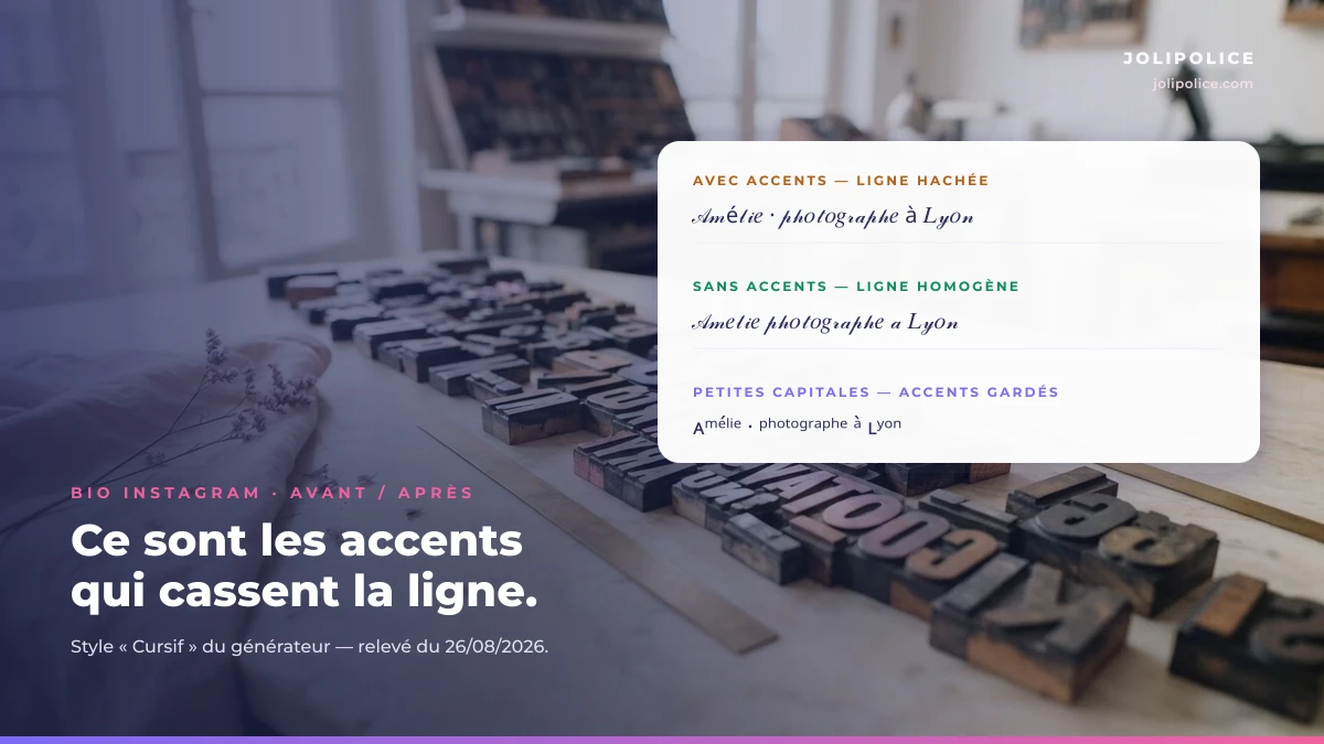 Bio Instagram avant après en police d'écriture cursive : avec accents la ligne est hachée, sans accents elle est homogène, en petites capitales les accents sont gardés