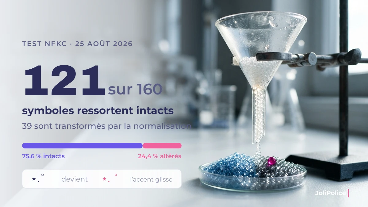 Résultat du test NFKC : 121 symboles sur 160 restent intacts, 24,4 % sont altérés par la normalisation