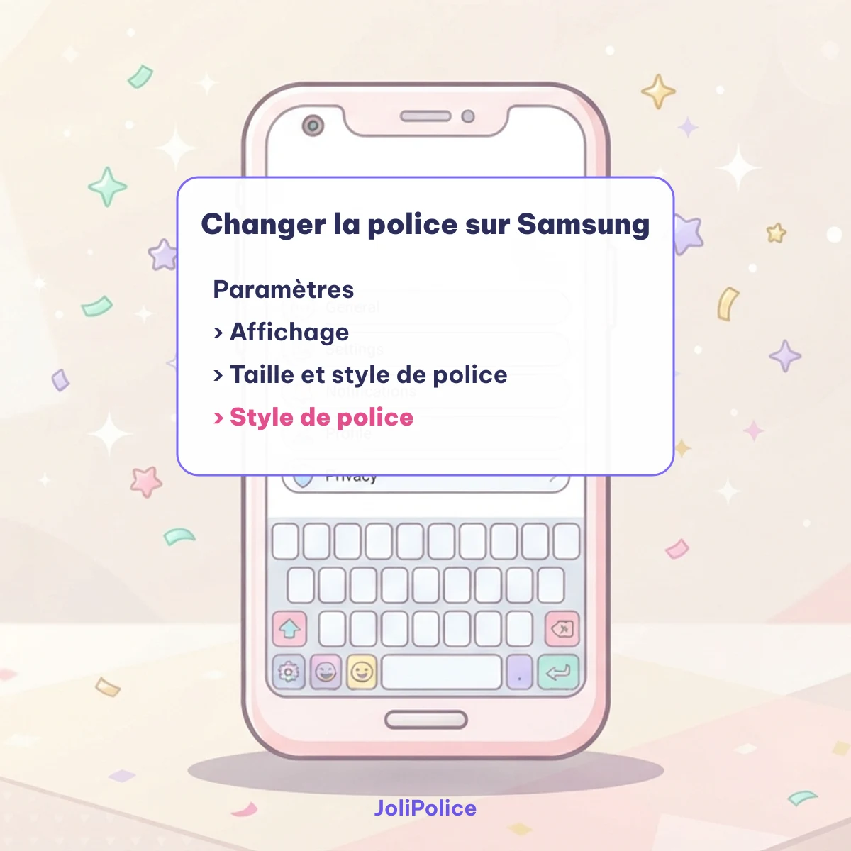 Changer la police d’écriture sur Android Samsung : Paramètres, Affichage, Taille et style de police, Style de police