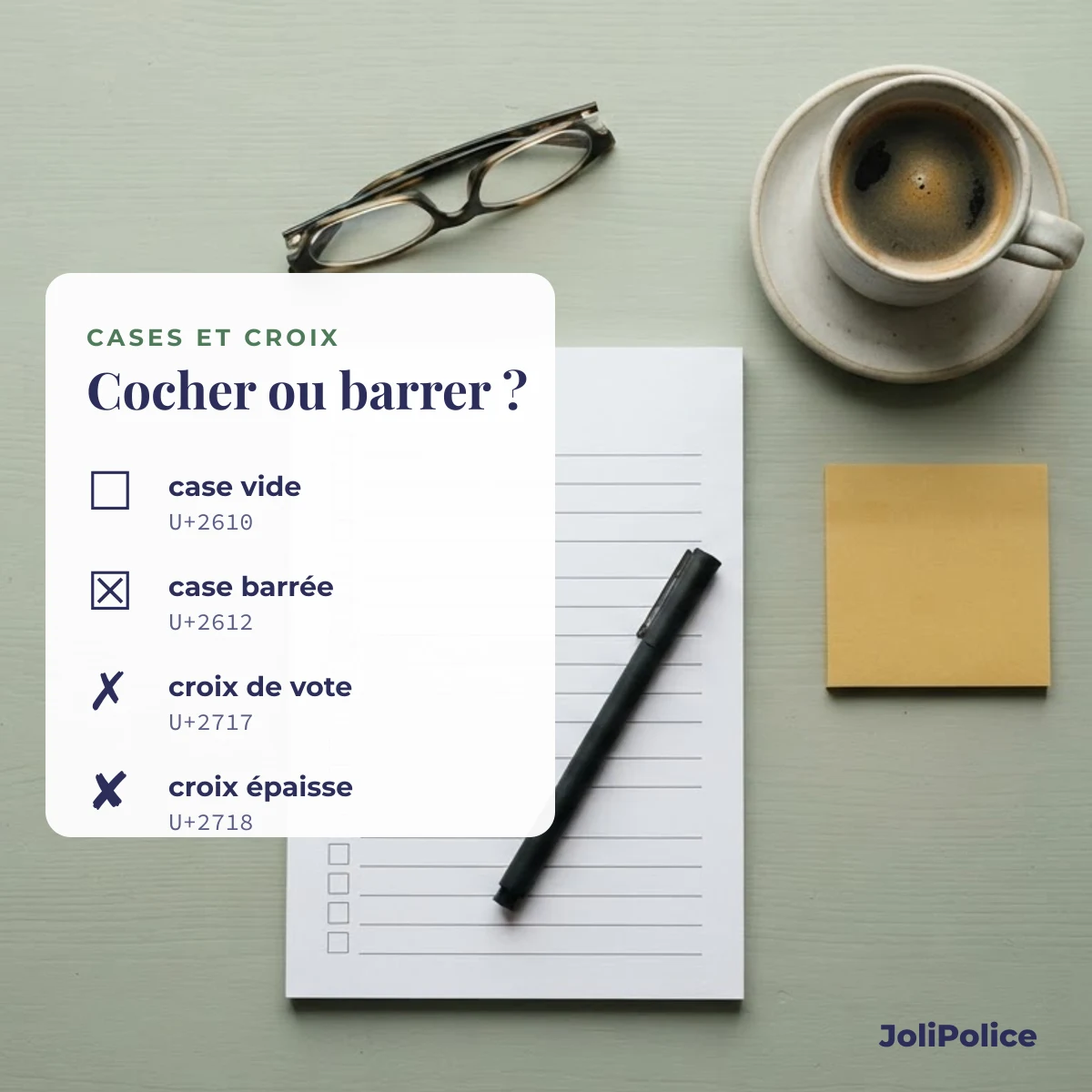 Symbole croix pour cases à cocher : case vide U+2610, case barrée U+2612, croix de vote U+2717, croix épaisse U+2718
