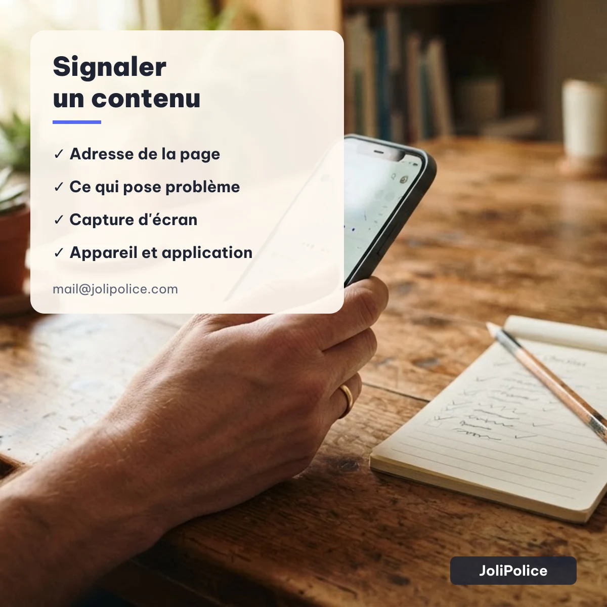 Signaler un contenu sur JoliPolice : les quatre éléments à joindre au message